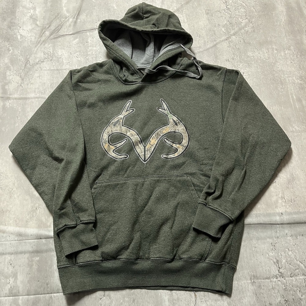 Realtree Hoodie Men's Size Small Green W/Camo Hood Antler Fleece Sweatshirt